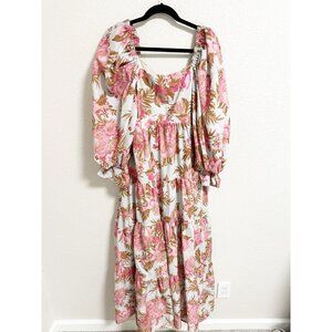Joyfolie Puff Sleeve Tiered Maxi Dress Square Neck Floral Cottagecore Pink Small
